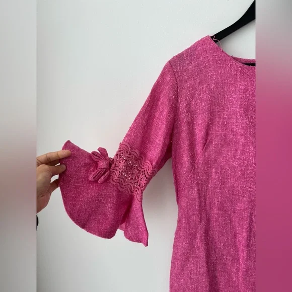 Vintage Pink woven Linen Blend Dress Lace Trim Bell Sleeve Cottagecore 70s 80s - Picture 3 of 12